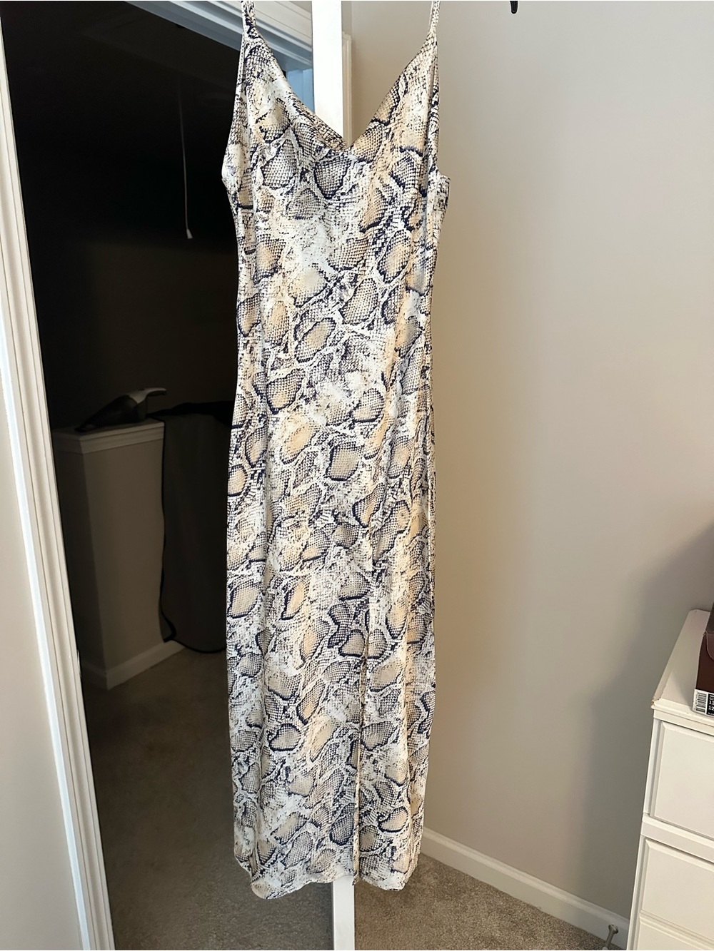 Snake Print Cowl Neck Slip Dress in Neutral Tones
